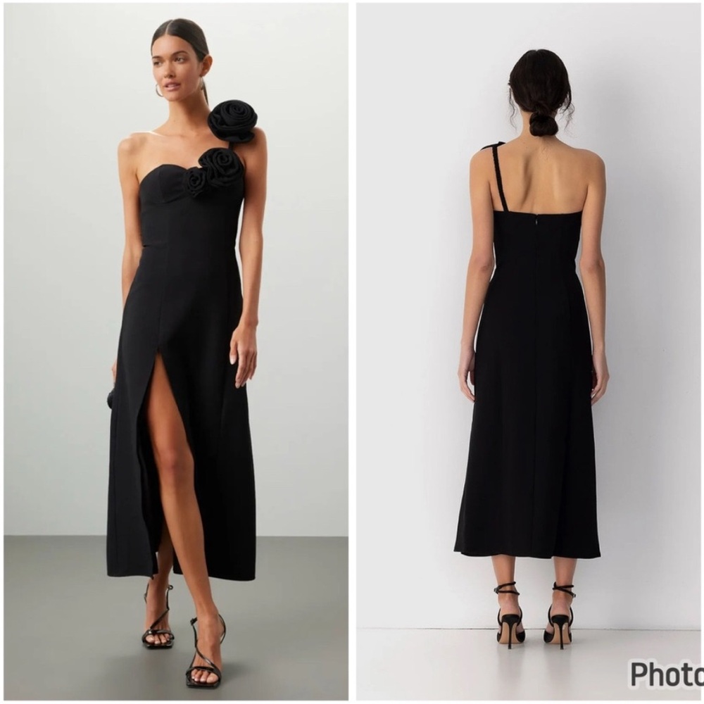 Anthropologie The Wolf Gang Flores One Shoulder Rose Midi Dress Black Small 3D
